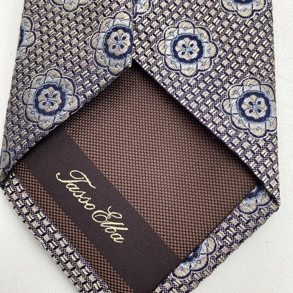 Tasso Elba Mens Silk Tie Brown Blue Geometric Floral Medallion‎ Classic Necktie
